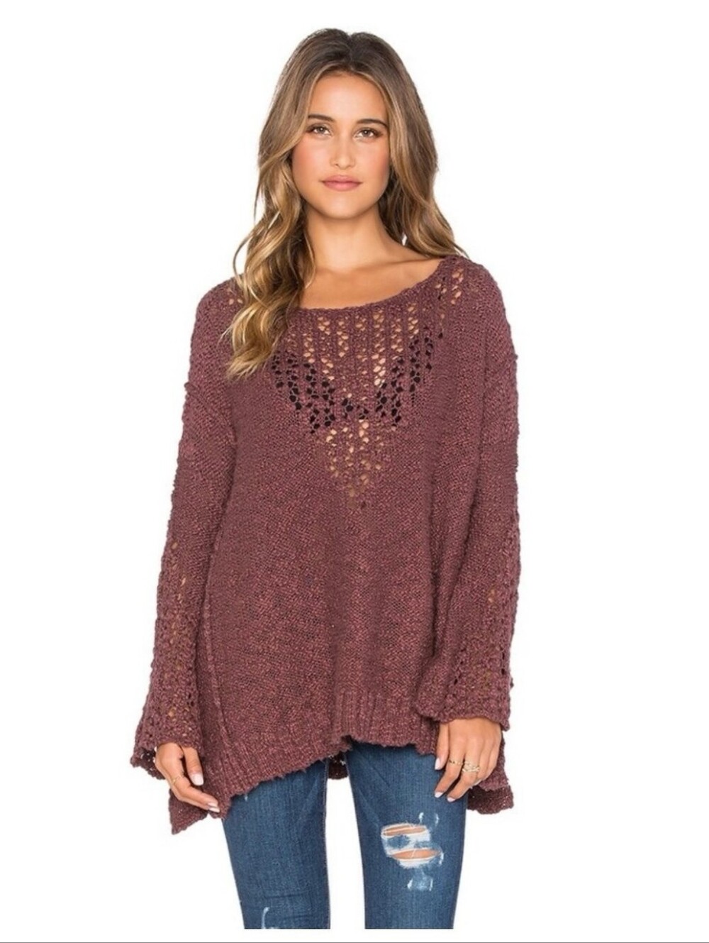 Free People Pretty Pointelle Sweater Vee Rose